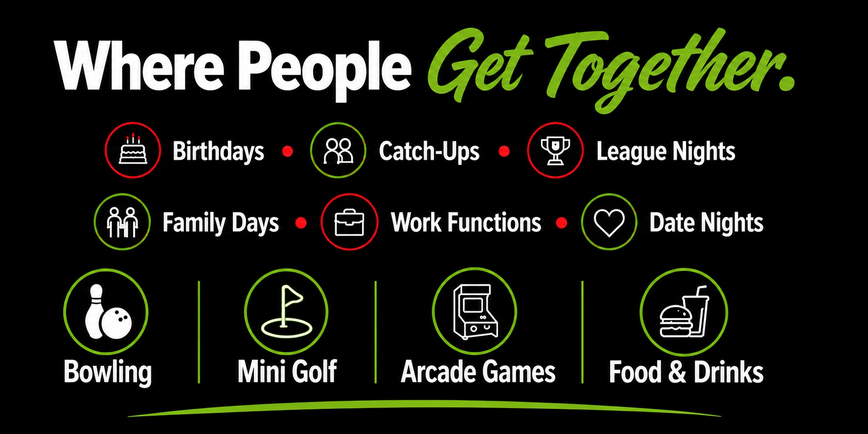Where People Get Together — Bowling, Mini Golf, Arcade Games, Food & Drinks