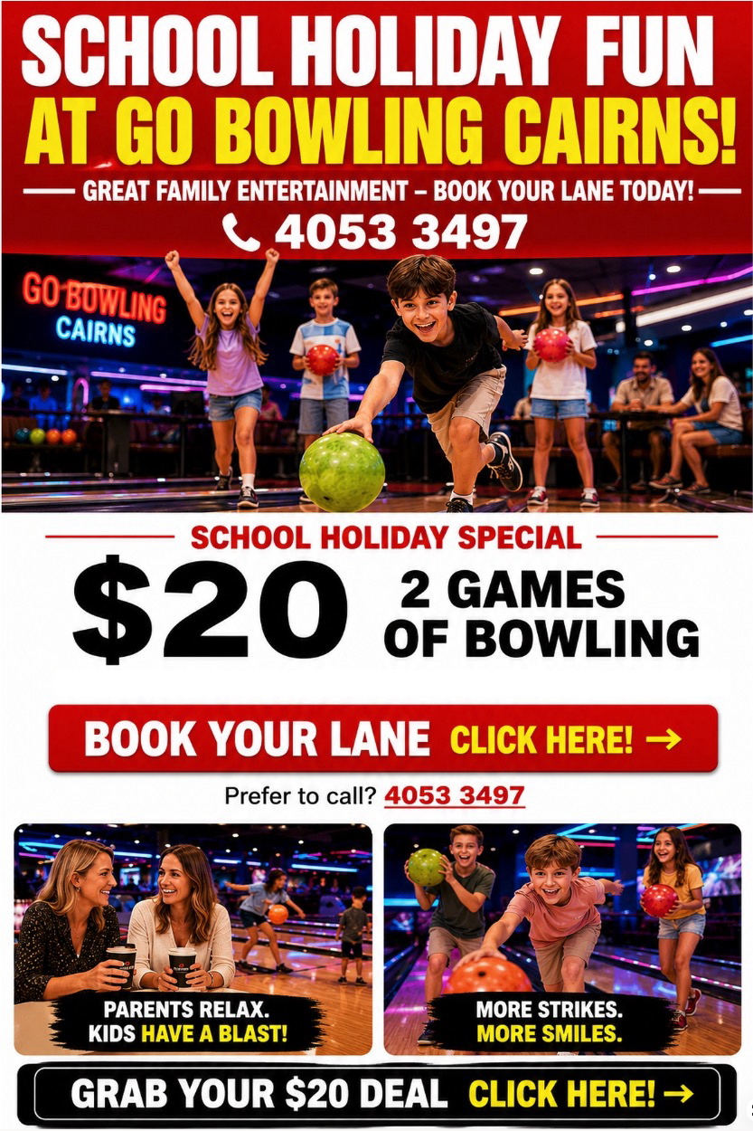 Go Bowling Cairns school holiday special - $20 for 2 games of bowling, kids