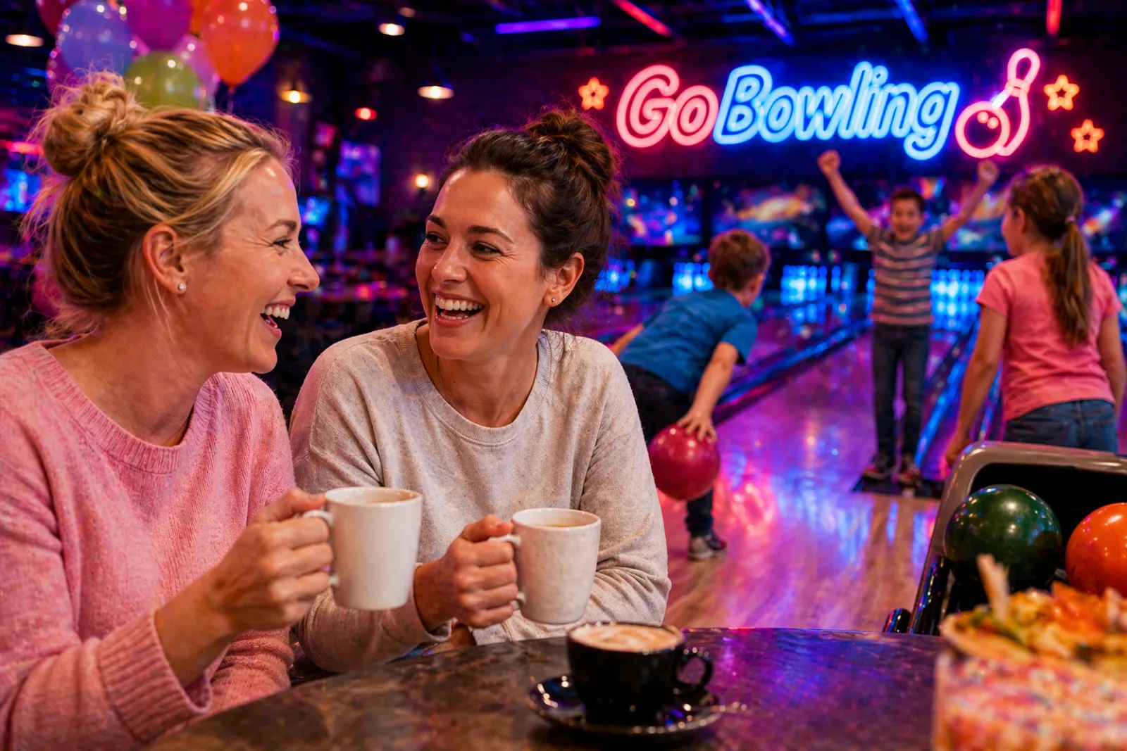 Parents enjoying coffee while kids bowl at Go Bowling Cairns