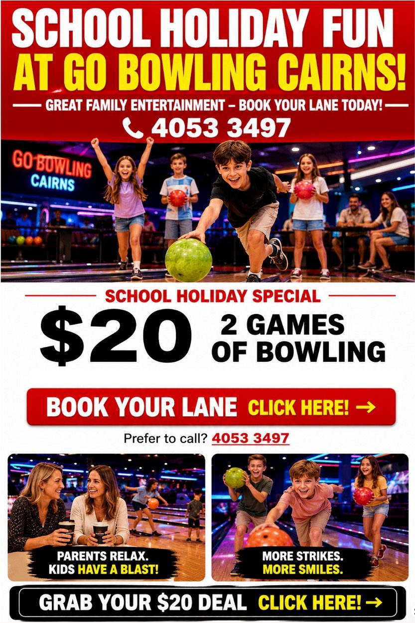 Go Bowling Cairns school holiday special - $20 for 2 games of bowling, kids